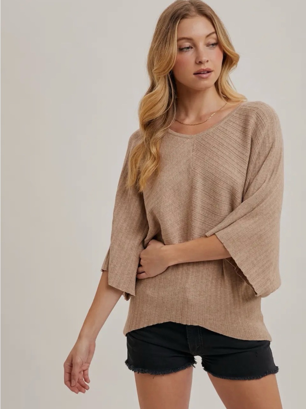 Bluivy Sand V-Neck Dolman 3/4 Sleeved Knit Pullover Sweater